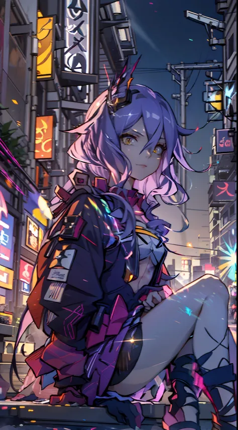 noite, fundo colorido da cidade cyberpunk, menina de rua, sirin,honkai impact, olhos azuis, olhos brilhantes, meias pretas, retr...