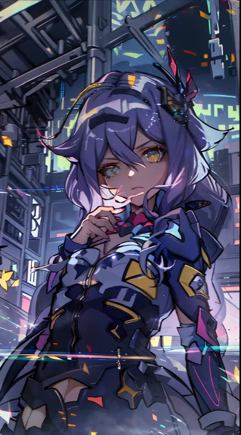 noite, fundo colorido da cidade cyberpunk, menina de rua, sirin,honkai impact, olhos azuis, olhos brilhantes, meias pretas, retr...