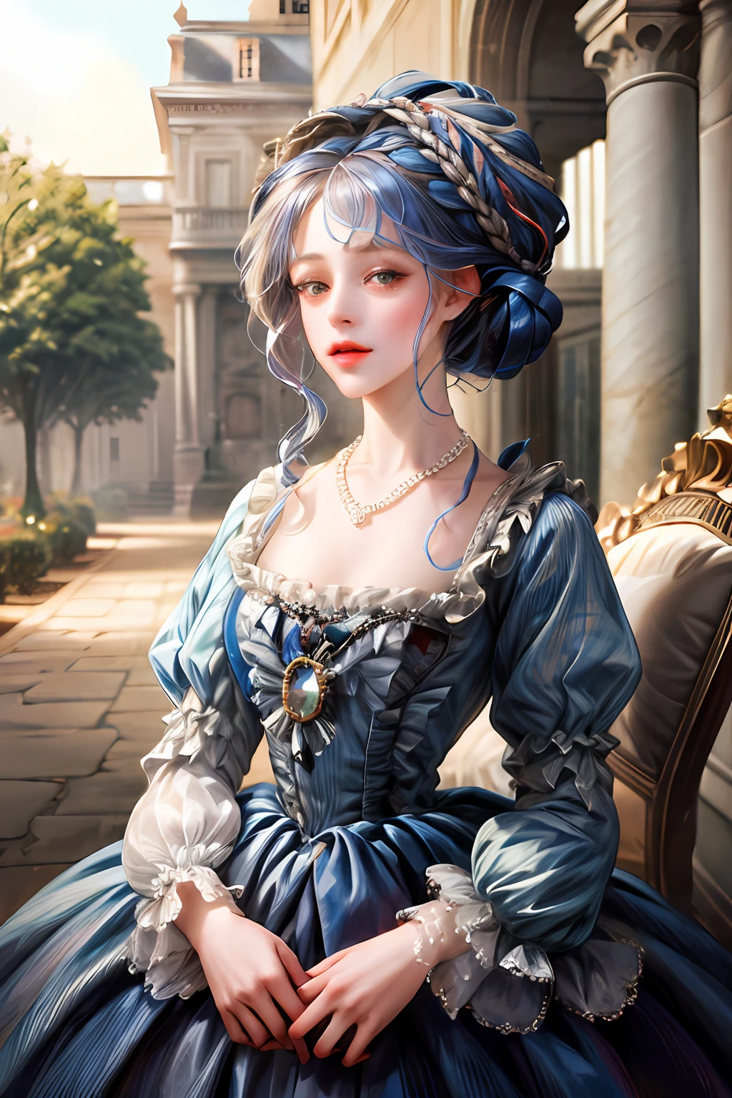 (absurdes, haute résolution, ultra détaillé), 1fille, seulement, mature, (chignon à la Marie-Antoinette, cheveux cobalt), baroque, collier, Longue robe, Manche longue, élégant, Coloré, le plus détaillé, Haut du corps, En plein air, jardin