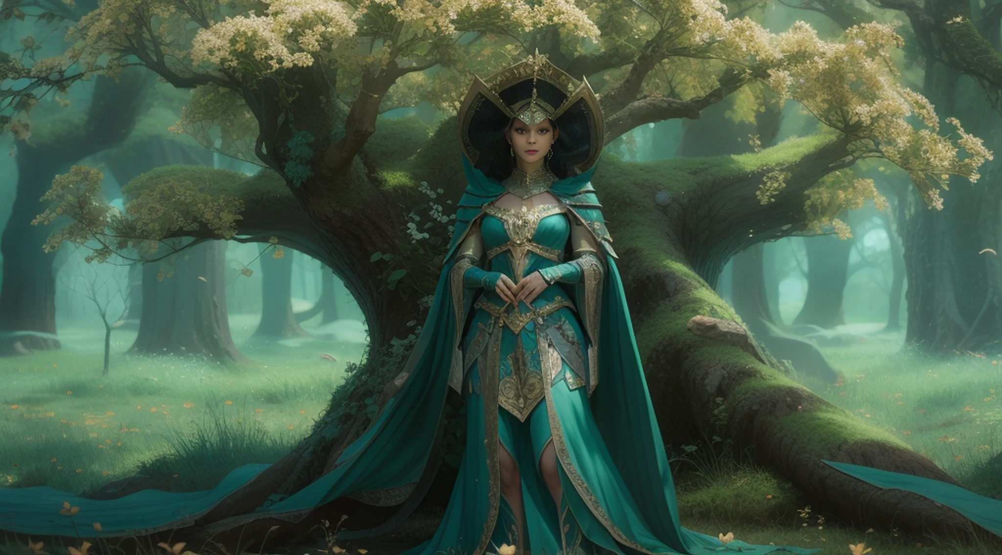 A woman alone in green queen armor standing under a cherry tree, uma bela rainha, fantasia, Rainha elfa bonita de cabelo preto e elegante, olhos verdes e com rosto bem detalhado, estilo de arte a oleo, Arte de fantasia 8k, fantasia de arte bem realista, elegant cinematic fantasy art, cenario fantastico.