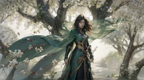 A woman alone in green queen armor standing under a cherry tree, uma bela rainha, fantasia, Rainha elfa bonita de cabelo preto e...