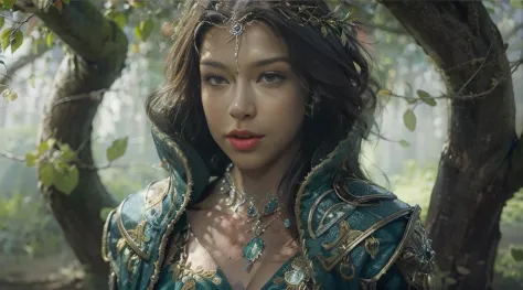 A woman alone in green queen armor standing under a cherry tree, uma bela rainha, fantasia, Rainha elfa bonita de cabelo preto e...