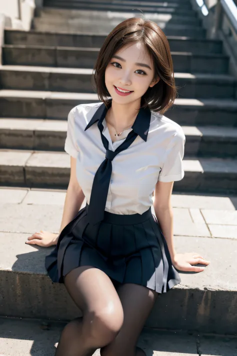 Korean school uniform、summer school uniform shirt、Tight shirt、Ribbon Ties、skirt by the、schools、stairs at school、Emphasize the ch...