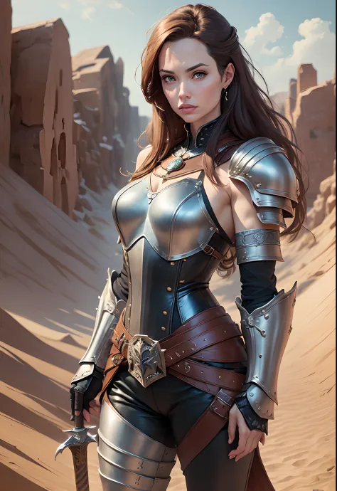 Angelina Jolie (knight holding a sword, on a desert place), looking at viewer, ((wearing a leather pants, cuirass, gorget, pauld...