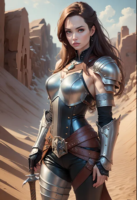 angelina jolie (knight holding a sword, on a desert place), looking at viewer, ((wearing a leather pants, cuirass, gorget, pauld...