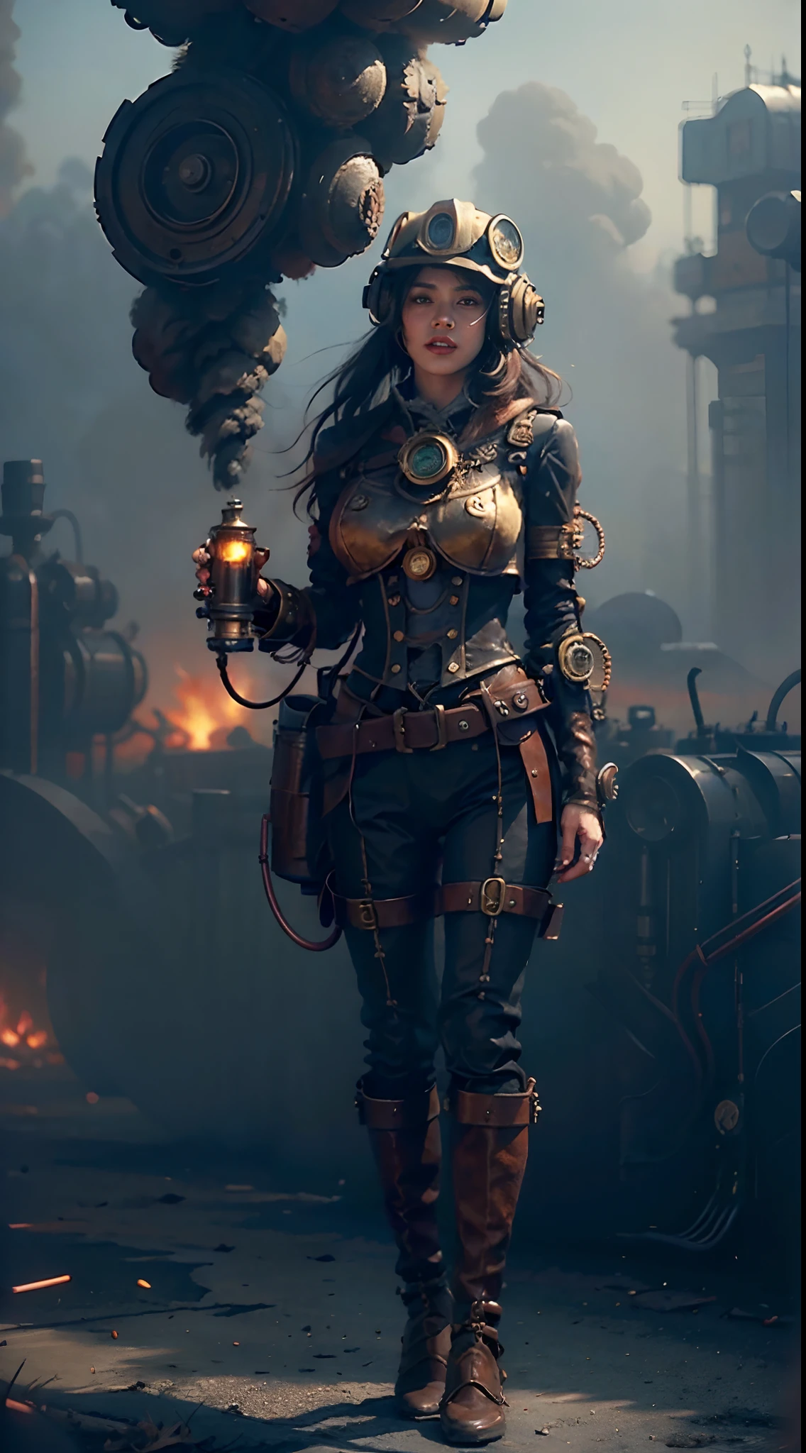 There's a muscled 1woman with a steam-powered dusky skin, with small ,Royal look,helmet, arte conceitual steampunk, sexzy full body view top to bottom, standing front view ,dark smoke fog background, arte steampunk digital, arte steampunk de alta qualidade, Wojtek FUS, arte digital steampunk, detailed wild steampunk illustration, Portrait of a gold and copper mechanical woman, arte steampunk, estilo de arte dieselpunk, cyberpunk steampunk, estilo de fantasia steampunk, Arte digital altamente detalhada em 4k, sci-fi steampunk