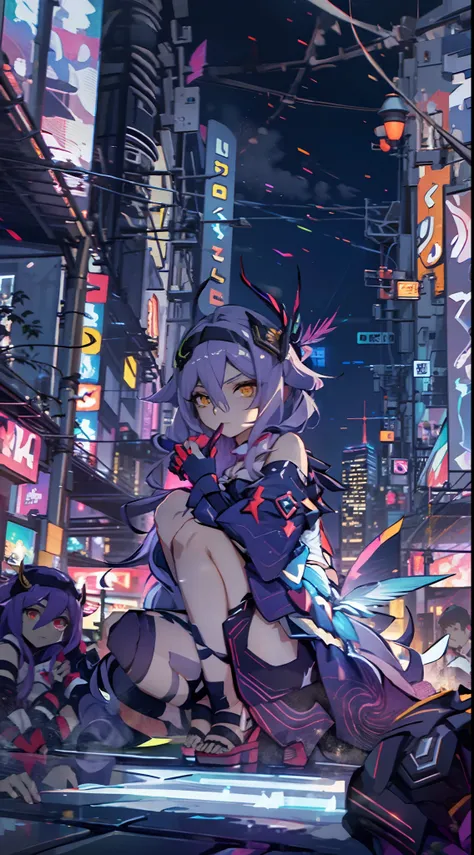 noite, fundo colorido da cidade cyberpunk, menina de rua, sirin,honkai impact, olhos azuis, olhos brilhantes, meias pretas, retr...