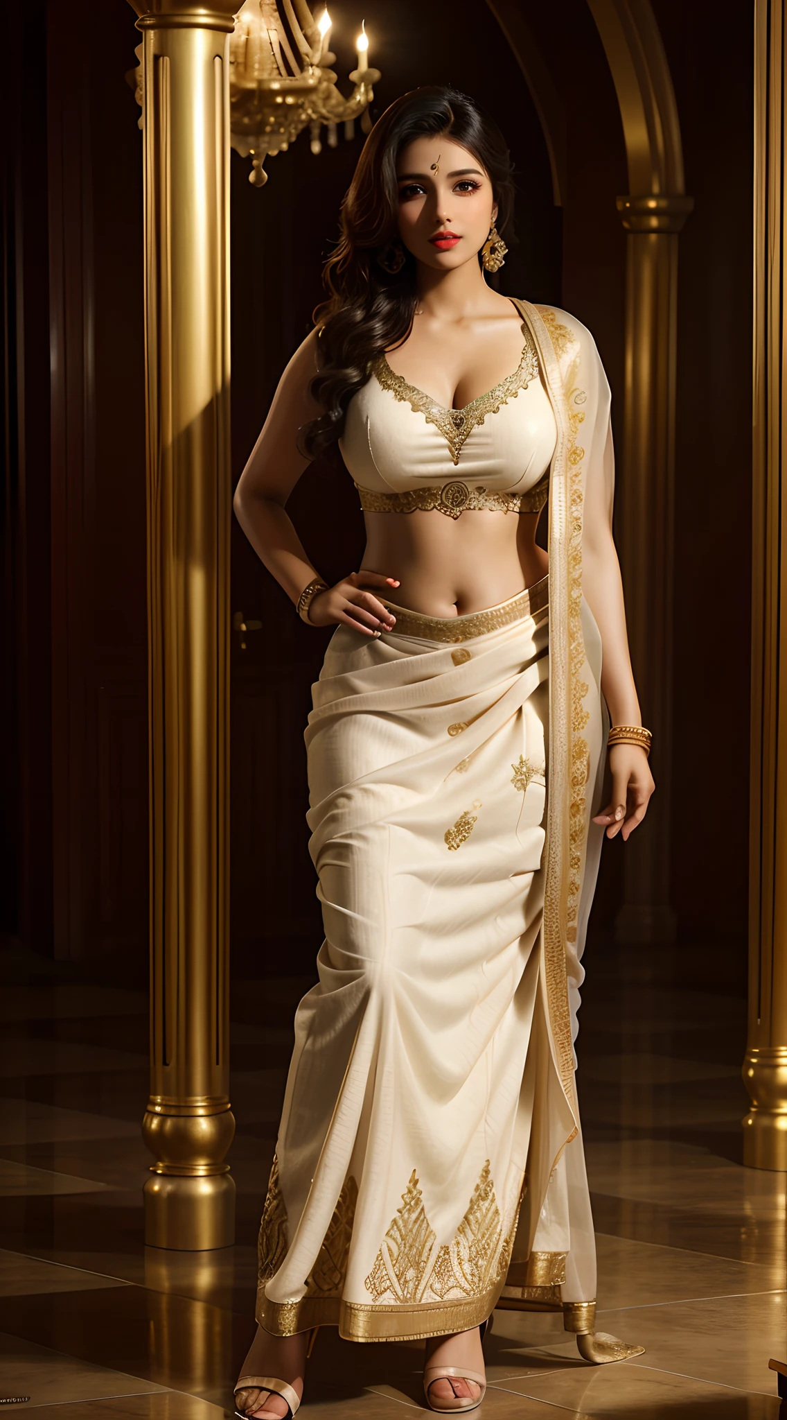 Anusha in a white sari and gold blouse - SeaArt AI