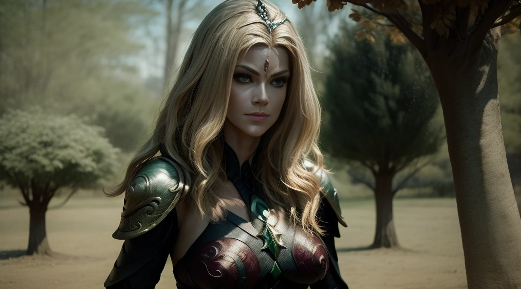 A woman alone in green queen armor standing under a cherry tree, uma bela rainha, fantasia, Rainha elfa bonita de cabelo preto e elegante, olhos verdes e com rosto bem detalhado, estilo de arte a oleo, Arte de fantasia 8k, fantasia de arte bem realista, elegant cinematic fantasy art, cenario fantastico.