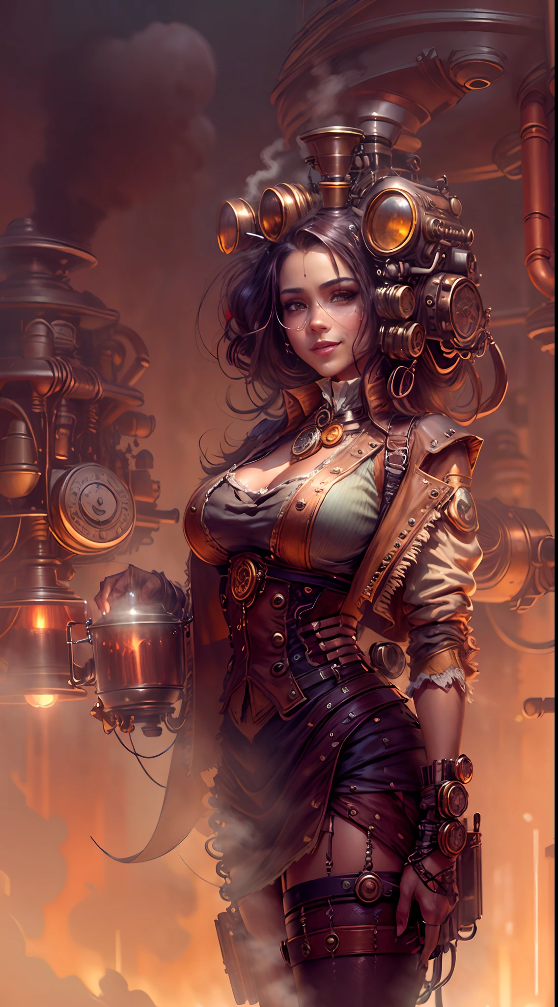There's a sexzy 1woman with a steam-powered dusky skin, with big breast,Royal look,helmet, arte conceitual steampunk, sexzy full body view top to bottom, standing villan smile front view  neon light,dawn sky style,dark smoke fog background, arte steampunk digital, arte steampunk de alta qualidade, Wojtek FUS, arte digital steampunk, detailed wild steampunk illustration, Portrait of a gold and copper mechanical woman, arte steampunk, estilo de arte dieselpunk, cyberpunk steampunk, estilo de fantasia steampunk, Arte digital altamente detalhada em 4k, sci-fi steampunk