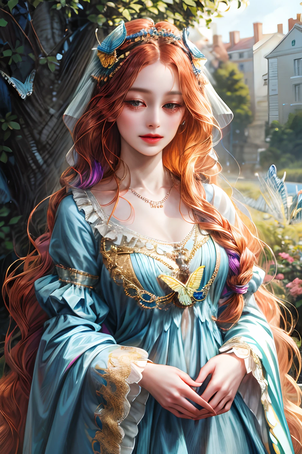 (absurdres, highres, ultra detailed), 1girl, solo, mature, (very long hair, colorful hair,  wearing butterfly headpieces), Baroque, Necklace, long sheers dress, long sleeve, elegant, colorful, highest detailed, upper body, outdoors, garden