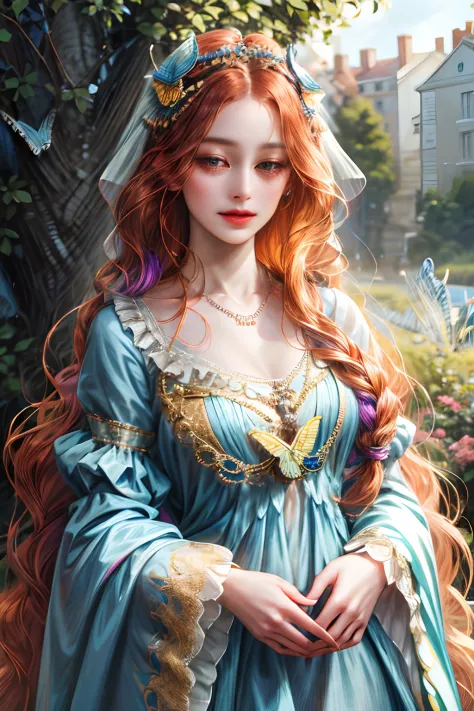 (absurdres, highres, ultra detailed), 1girl, solo, mature, (very long hair, colorful hair,  wearing butterfly headpieces), Baroq...