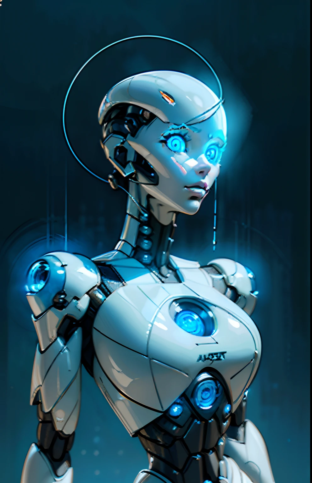 Сложный 3D-рендеринг ультрадетализированного красивого фарфорового профиля лица женщины-андроида, киборг, роботic parts, 150 мм, красивая студия, мягкий свет, ободной свет, яркие детали, роскошный киберпанк, кружево, ((светящиеся голубые глаза:1.5)), hyperреалистичный, Анатомический, мышцы лица, кабель электрические провода, микрочип, элегантный, красивый фон, Октановый рендер, ЧАС. р. стиль Гигера, 8К, Лучшее качество, шедевр, Иллюстрация, очень нежный и красивый, чрезвычайно подробный ,компьютерная графика ,единство ,обои, (реалистичный, photo-реалистичный:1.37),удивительный, мелко детализировать, шедевр,Лучшее качество,официальное искусство, чрезвычайно подробный компьютерная графика единство 8К обои, абсурд, incredibly абсурд,  робот, серебряные бусины, все тело