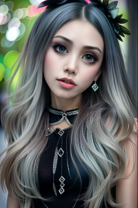 En un hermoso parque una mujer de aspecto moderno. It has a very colorful and striking kawaii gothic style.., con un maquillaje elegante y una peluca colorida.