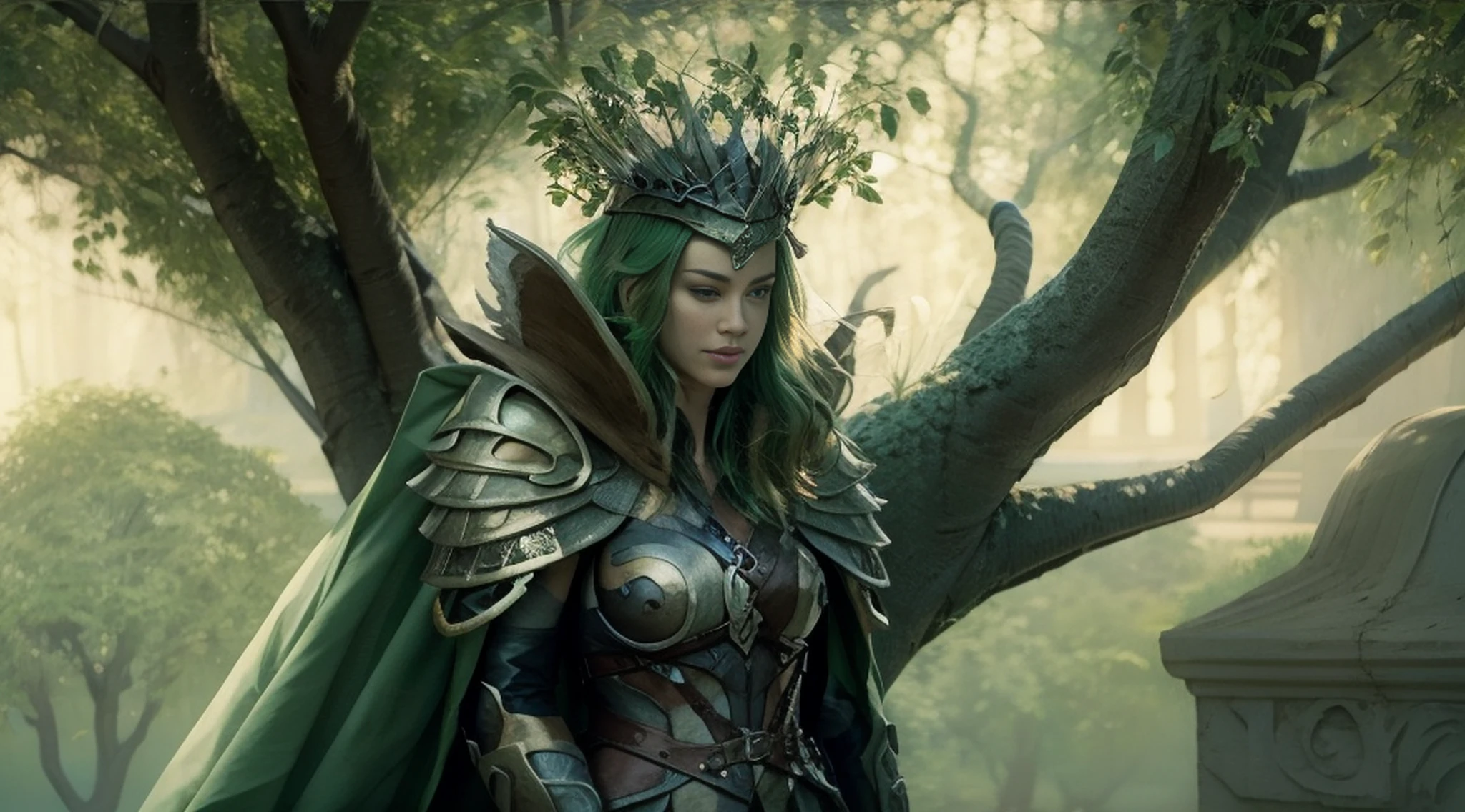 Uma mulher sozinha em armadura de rainha verde em pé sob uma cerejeira, uma bela rainha, fantasia, Rainha elfa bonita de cabelo preto e elegante, olhos verdes e com rosto bem detalhado, estilo de arte a oleo, Arte de fantasia 8k, fantasia de arte bem realista, arte de fantasia cinematográfica elegante, cenario fantastico.