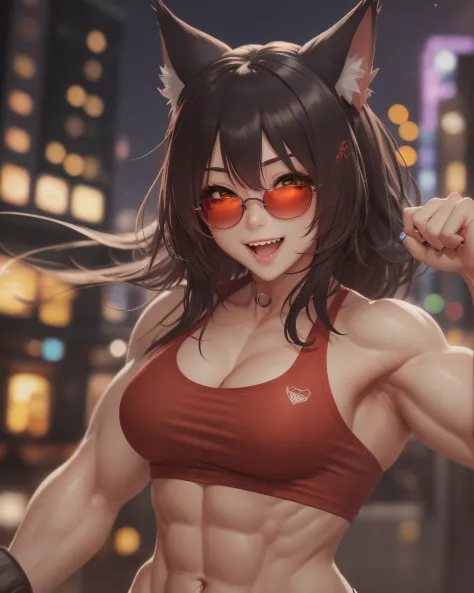Cat ear:1.3, (masterpiece, best quality:1.37), ultra-detailed:1.37, hyper-sharp:1.37, anime style, An illustration of a female cat-woman bodybuilder, The female bodybuilder is 2m tall and has a muscular build. A female bodybuilder wears a tank top and a sh...