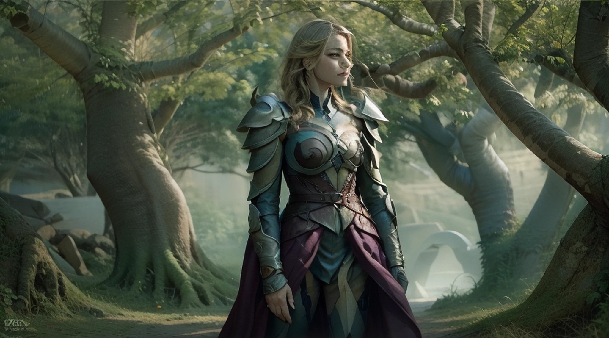 A woman alone in green queen armor standing under a cherry tree, uma bela rainha, fantasia, Rainha elfa bonita de cabelo preto e elegante, olhos verdes e com rosto bem detalhado, estilo de arte a oleo, Arte de fantasia 8k, fantasia de arte bem realista, elegant cinematic fantasy art, cenario fantastico.