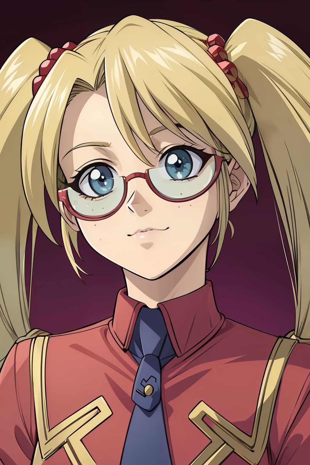 (masterpiece, best quality, ultra-detailed), 1girl, Rebecca Hopkins, blonde hair, twintails, red glasses,looking at viewer, (portrait shot)