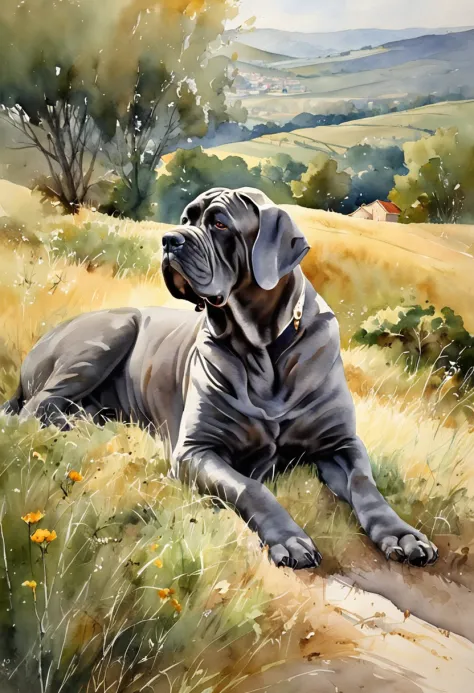 A Neapolitan Mastiff lounging in the sun on a grassy hillside in the Italian countryside, its fur glistening in the light.