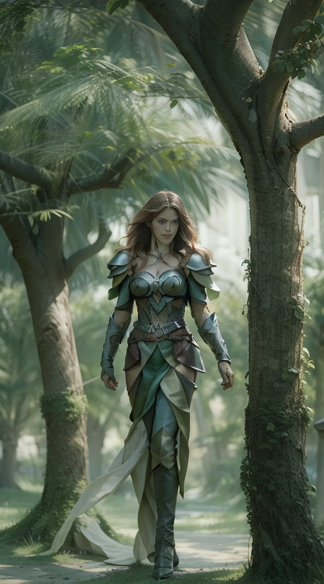 A woman alone in green queen armor standing under a cherry tree, uma bela rainha, fantasia, Rainha elfa bonita de cabelo preto e elegante, olhos verdes e com rosto bem detalhado, estilo de arte a oleo, Arte de fantasia 8k, fantasia de arte bem realista, elegant cinematic fantasy art, cenario fantastico.