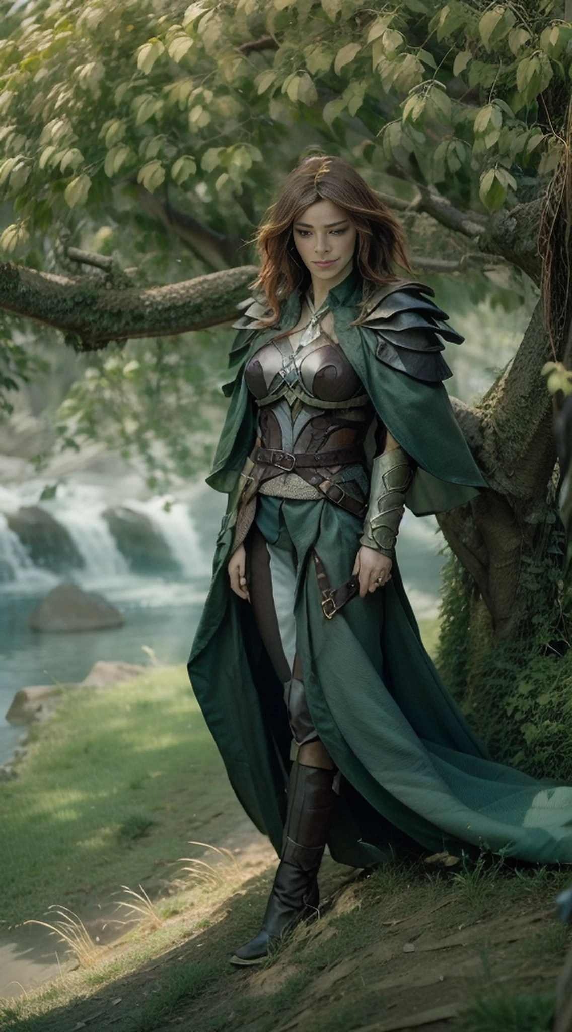 A woman alone in green queen armor standing under a cherry tree, uma bela rainha, fantasia, Rainha elfa bonita de cabelo preto e elegante, olhos verdes e com rosto bem detalhado, estilo de arte a oleo, Arte de fantasia 8k, fantasia de arte bem realista, elegant cinematic fantasy art, cenario fantastico.