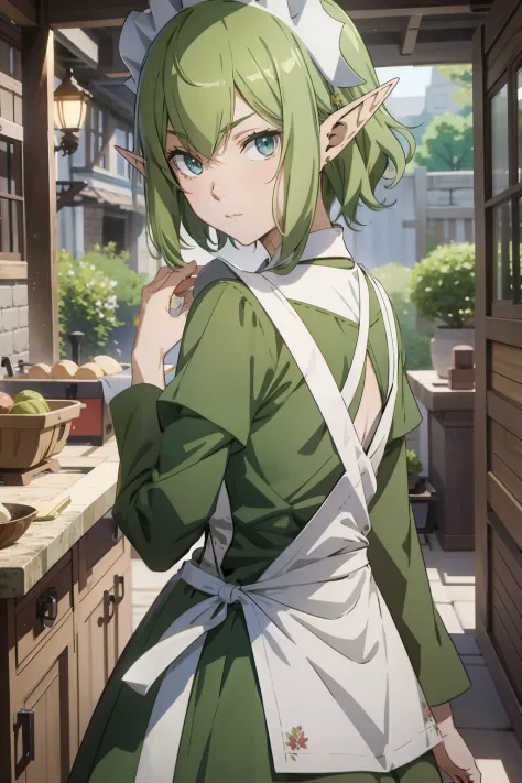 masterpiece,best quality,anime,2d,detailed face, 1girl, solo, pointy ears, blue eyes,green hair, looking at viewer, apron, short...