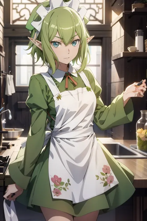 masterpiece,best quality,anime,2d,detailed face, 1girl, solo, pointy ears, blue eyes,green hair, looking at viewer, apron, short...