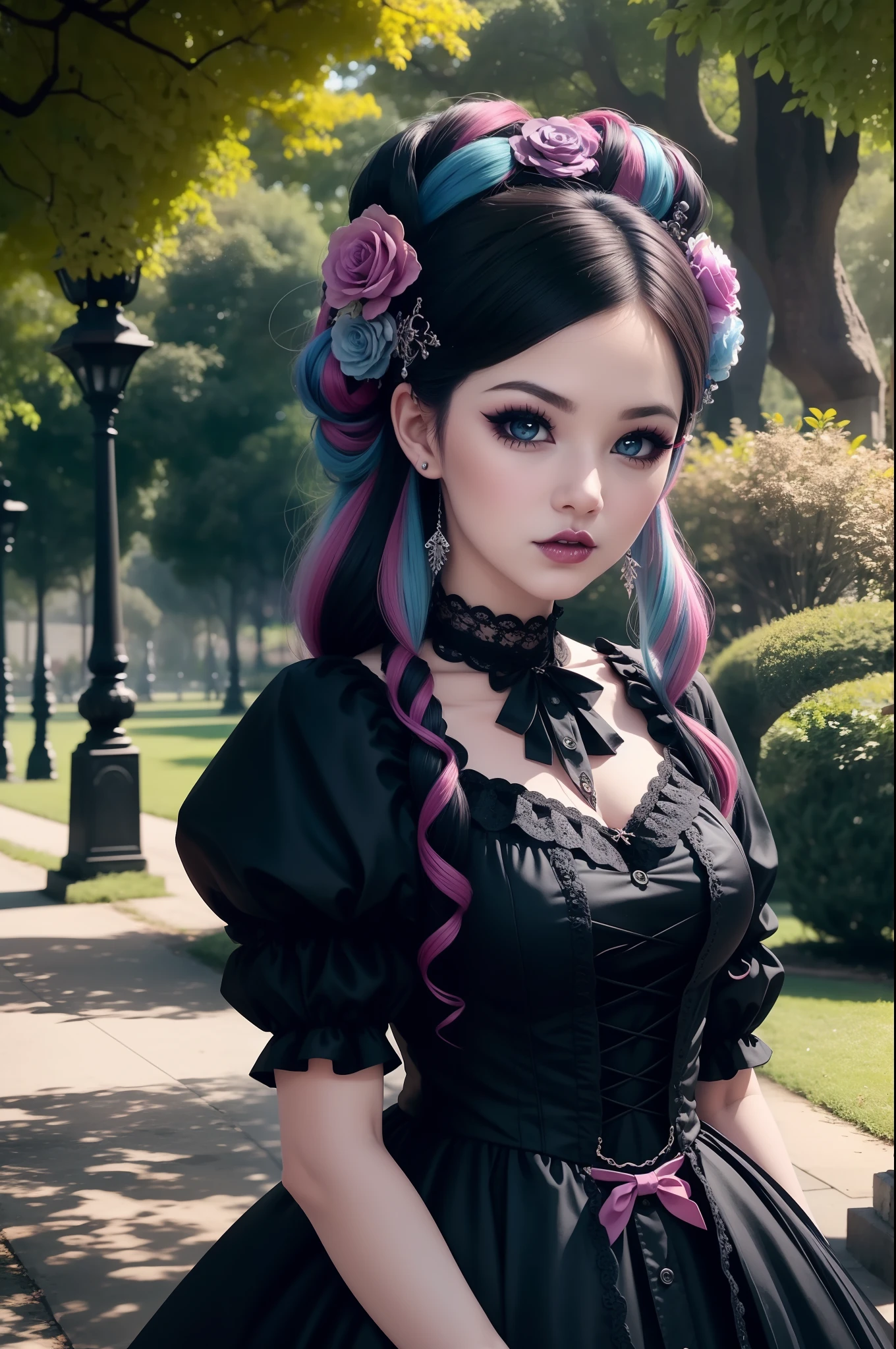 En un hermoso parque una mujer de aspecto moderno. Tiene un estilo gótico kawaii muy colorido y llamativo..., con un maquillaje elegante y una peluca colorida.