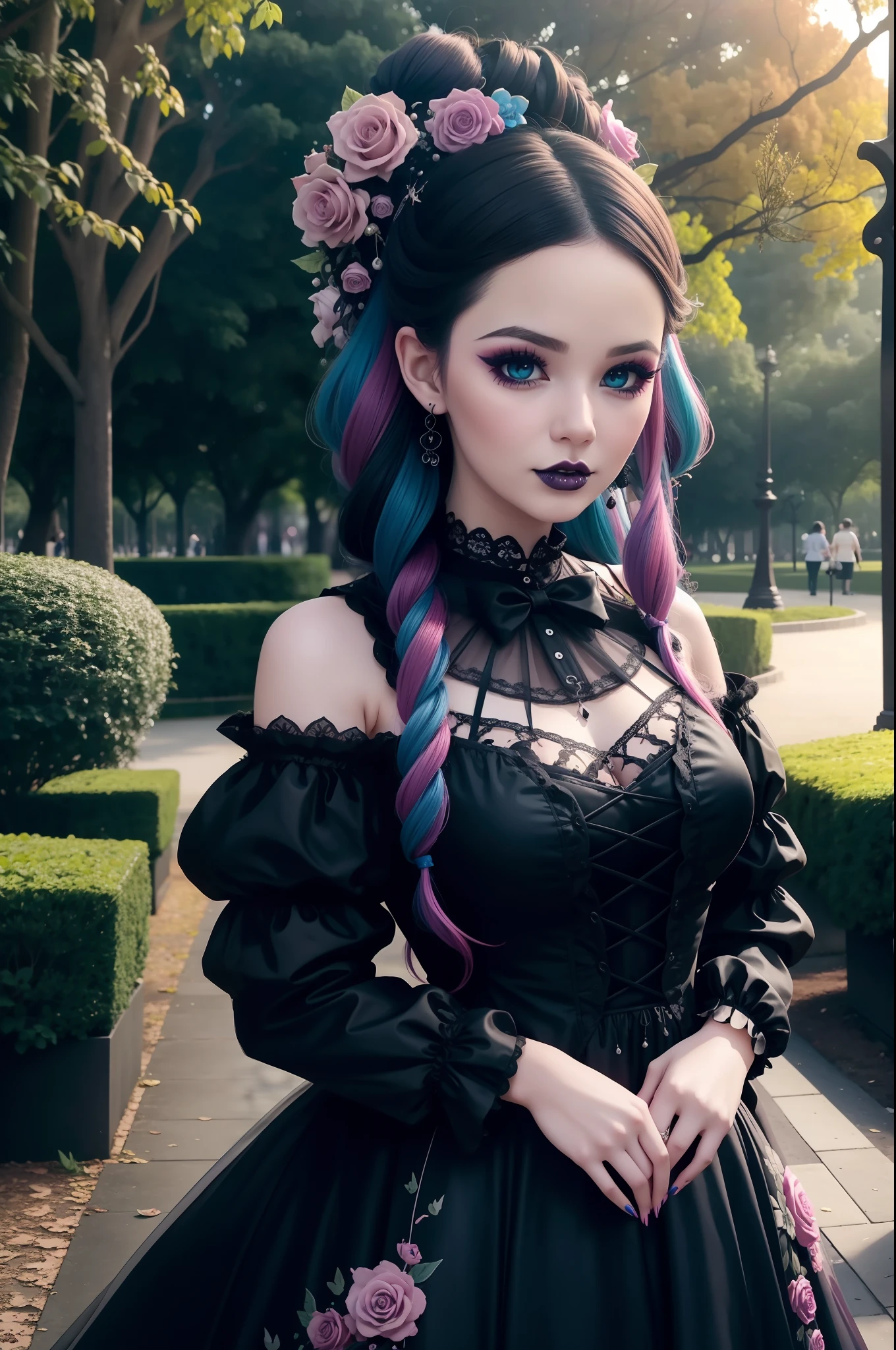 En un hermoso parque una mujer de aspecto moderno. Tiene un estilo gótico kawaii muy colorido y llamativo..., con un maquillaje elegante y una peluca colorida.