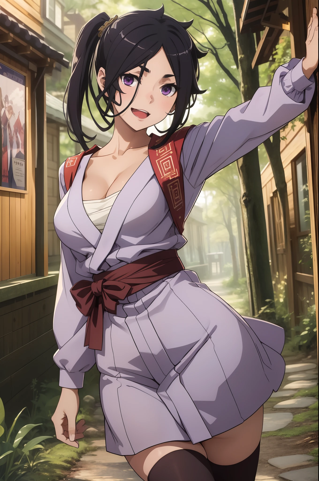 best quality, 4k, ((masterpiece)), extremely detailed, 8k, trending on ArtStation, Intricate, High Detail, Sharp focus,outdoors, forest,
1girl, solo, purple eyes, black hair, japanese clothes, outstretched arms, side ponytail, sarashi, open mouth,smile,, collarbone, short hair, breasts, cleavage, wooden wall,cowboy shot, zettai ryouiki, sash, long sleeves,pov, smile,facing viewer, red thighhighs,