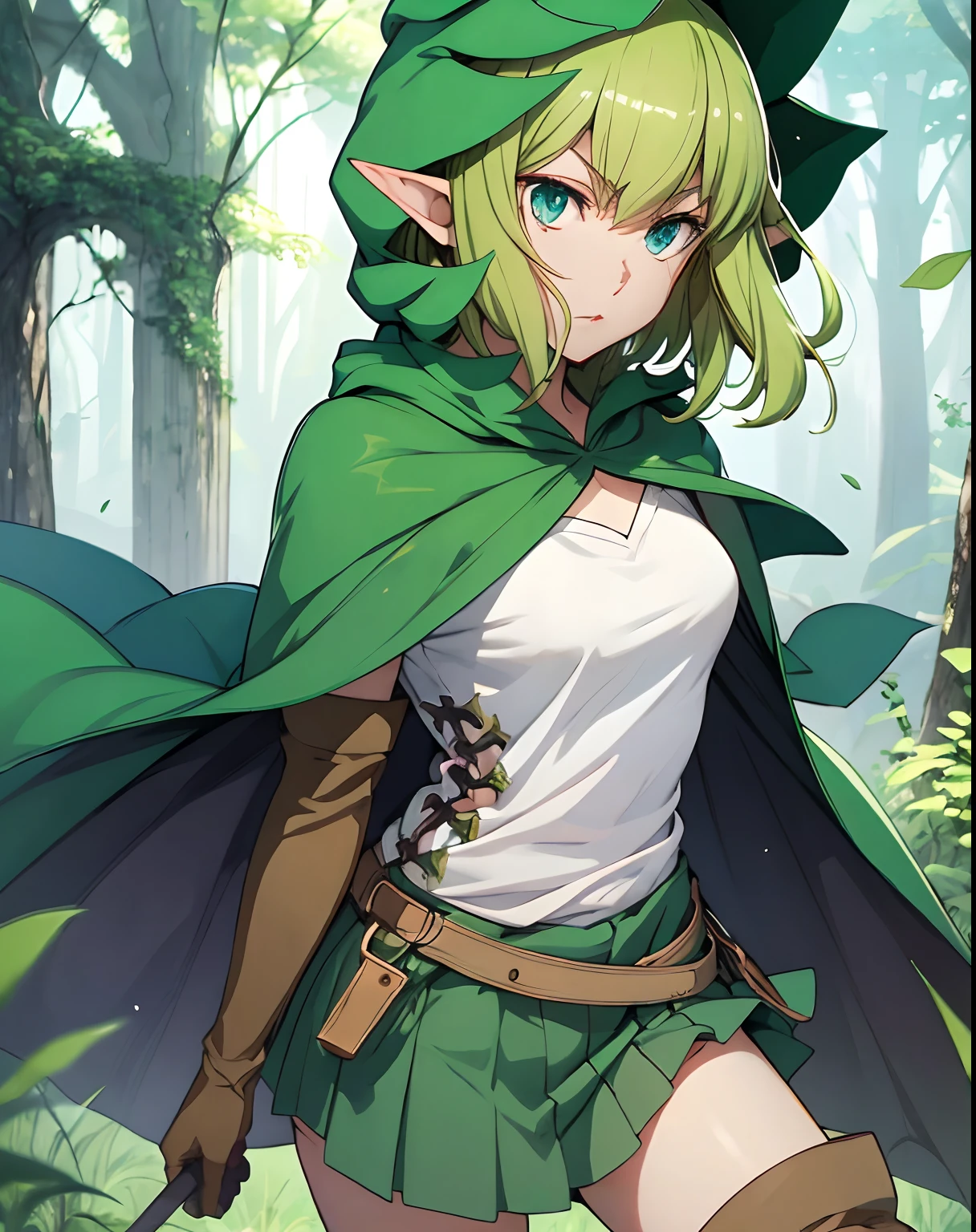 masterpiece,best quality,anime,2d,detailed face,
1girl, solo, gloves, thigh boots, pointy ears, green hair, hood, elf, blue eyes,boots, elbow gloves, cape, short hair,medium breasts, cloak, green hair,green_underwear,white shirt, cowboy shot,