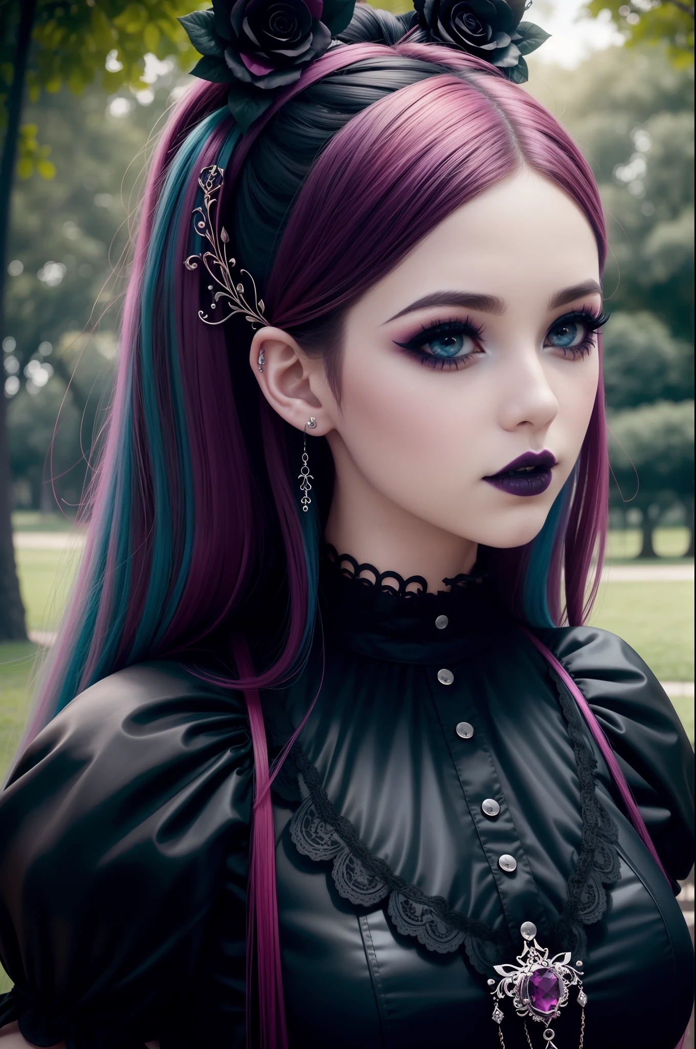 En un hermoso parque una mujer de aspecto moderno. Tiene un estilo gótico kawaii muy colorido y llamativo..., con un maquillaje elegante y una peluca colorida.