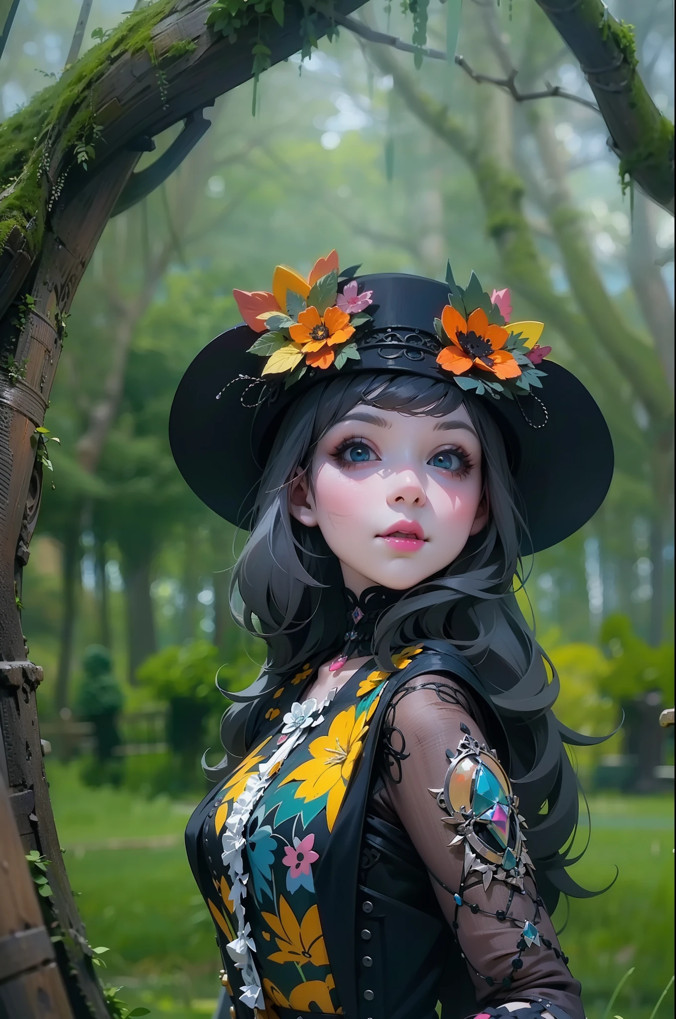 En un hermoso parque una mujer de aspecto moderno. Tiene un estilo gótico kawaii muy colorido y llamativo..., con un maquillaje elegante y una peluca colorida.