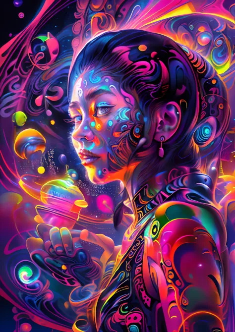 (High resolution, incredibly detailed, masterpiece), realistic beutiful chines women with a galaxy shaped vortex neon in one han...