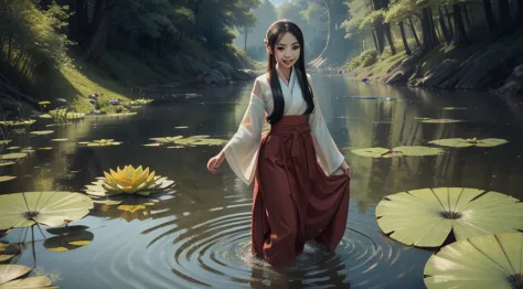 ((4k, obra-prima, melhor qualidade)), shuimobysim, pintura a tinta tradicional chinesa, lotuses, hanfu, maxiskit, vestido conser...