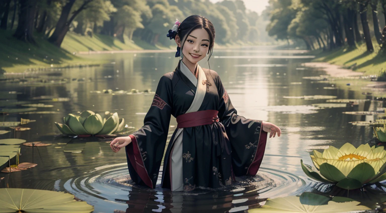 ((4k, obra-prima, melhor qualidade)), shuimobysim, pintura a tinta tradicional chinesa, lotuses, hanfu, maxiskit, vestido conservador 1girl, uma linda elfa, solo, longos cabelos brancos, sorriso, standingn, feet in the water, bare-legged,