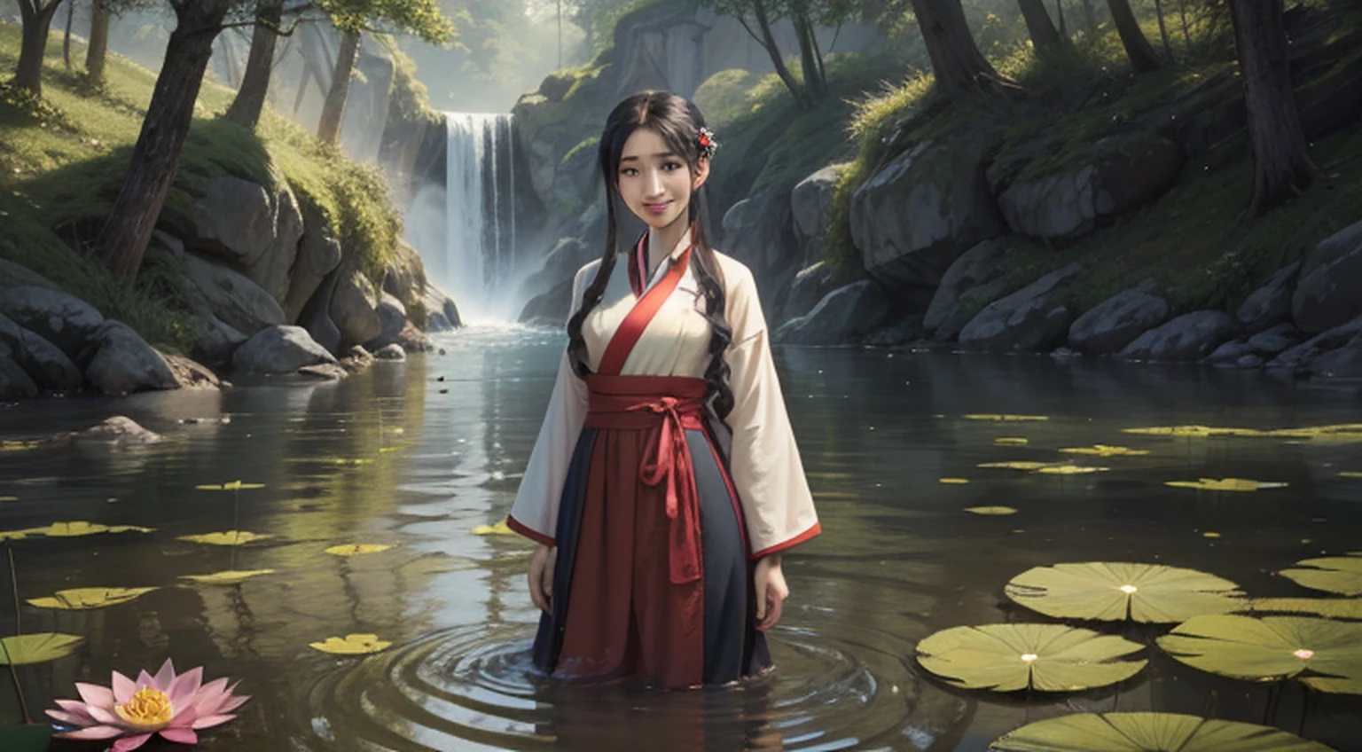 ((4k, obra-prima, melhor qualidade)), shuimobysim, pintura a tinta tradicional chinesa, lotuses, hanfu, maxiskit, vestido conservador 1girl, uma linda elfa, solo, longos cabelos brancos, sorriso, standingn, feet in the water, bare-legged,