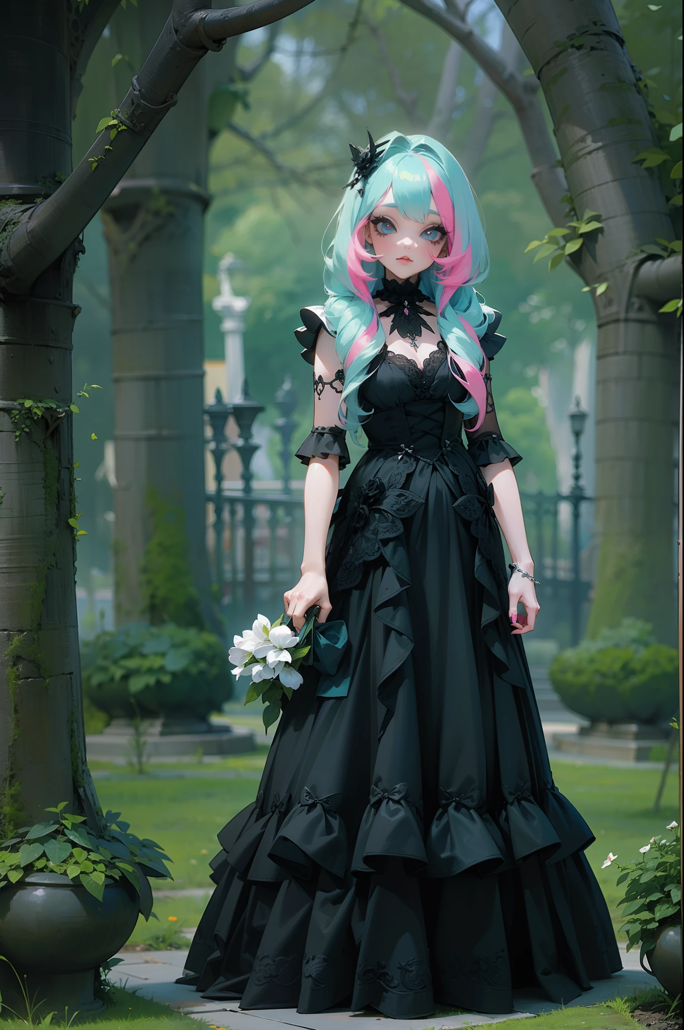 En un hermoso parque una mujer de aspecto moderno. It has a very colorful and striking kawaii gothic style.., con un maquillaje elegante y una peluca colorida.