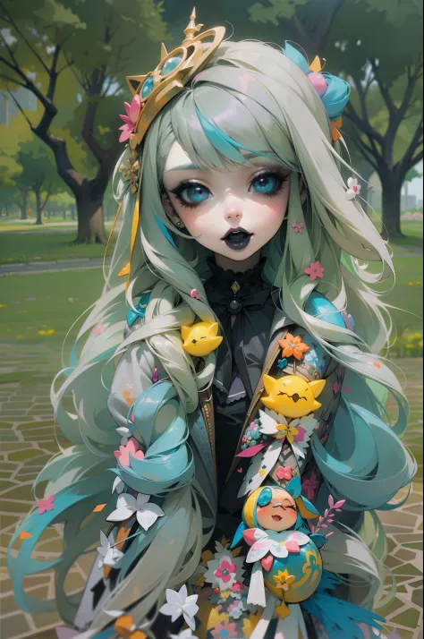 en un hermoso parque una mujer de aspecto moderno. it has a very colorful and striking kawaii gothic style.., con un maquillaje ...