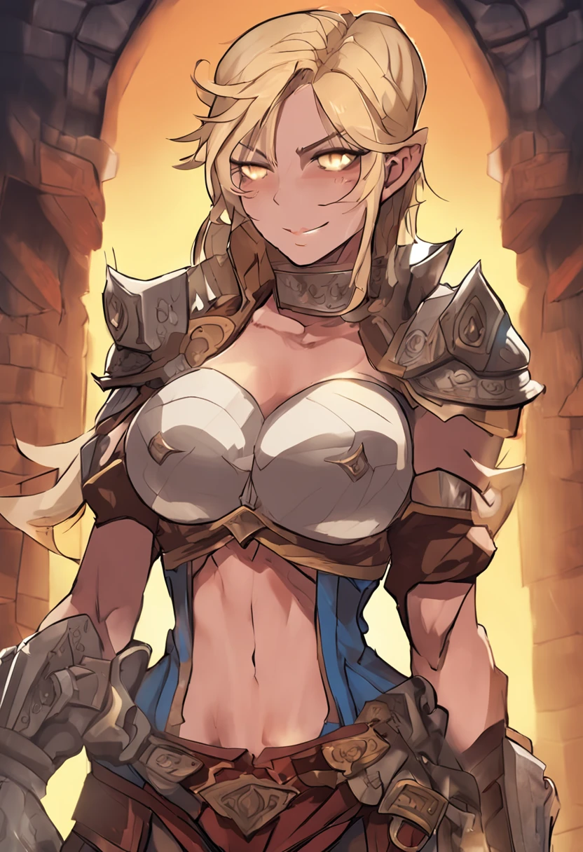 A woman in armor with a large breast and a sword - SeaArt AI