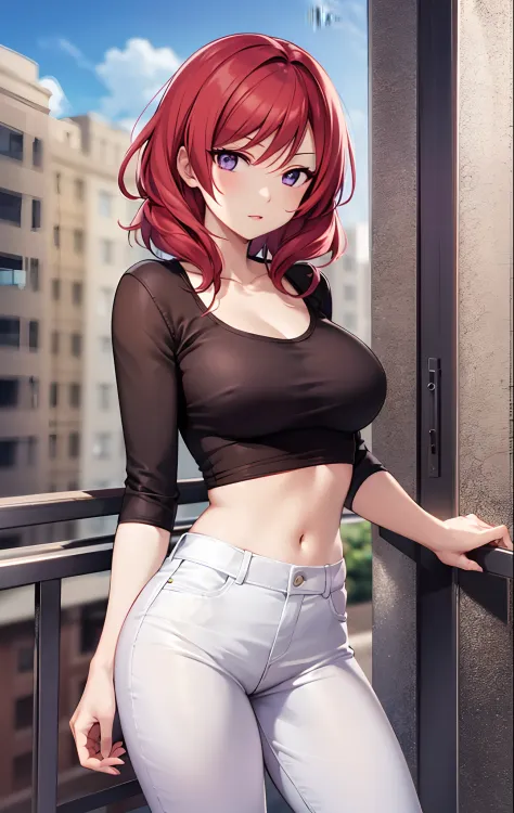 nishikino maki, purple eyes,((short red hair)), blouse, white pants, (midriff:0.8)balcony,(lips:0.7), llchar