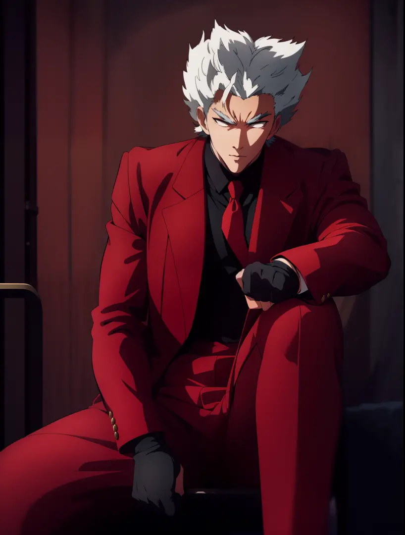 boy, cool pose, elegan pose, red jazz clothes, realistic pose, white hair colors, looking forward, black gloves on hand, sit dow...