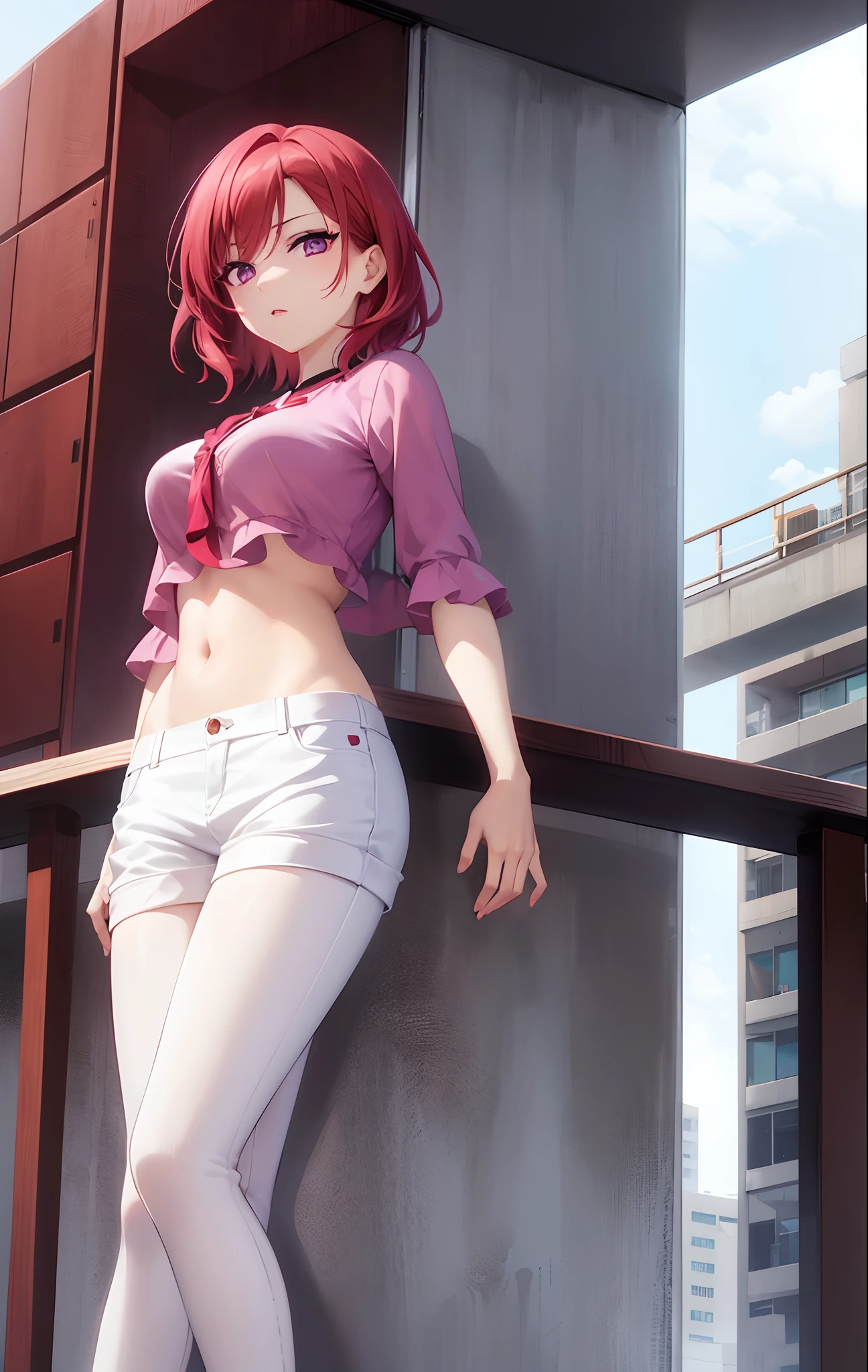 Nishikino maki, Purple eyes,((short red hair)), blouse, white pants, (midriff:0.8)balcony,(lips:0.7), llchar