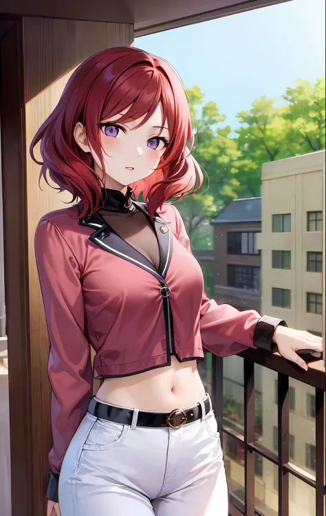 Nishikino maki, Purple eyes,((short red hair)), blouse, white pants, (midriff:0.8)balcony,(lips:0.7), llchar