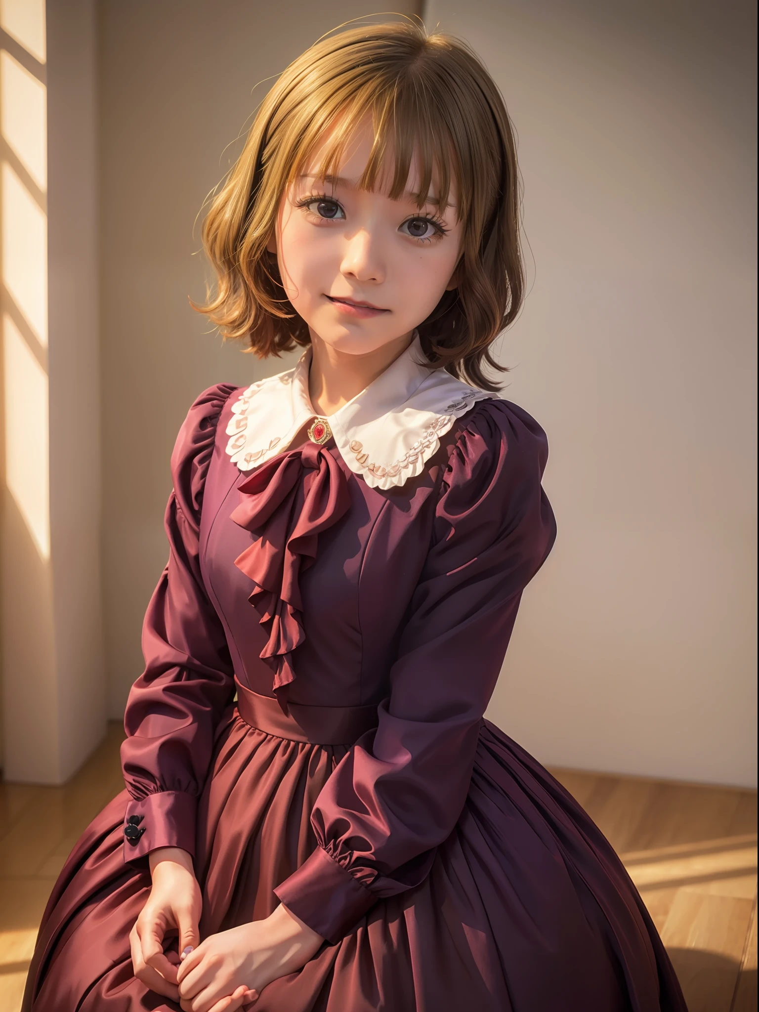 momoko suou (million live), , , 10 years old, Best Quality, masutepiece, 8K, photographrealistic, Hires, best quality, masterpiece, 8k, neat figure, portrait, looking at viewer, red ascot,puffy long sleeves,collared dress,frilled dress, purple dress,
