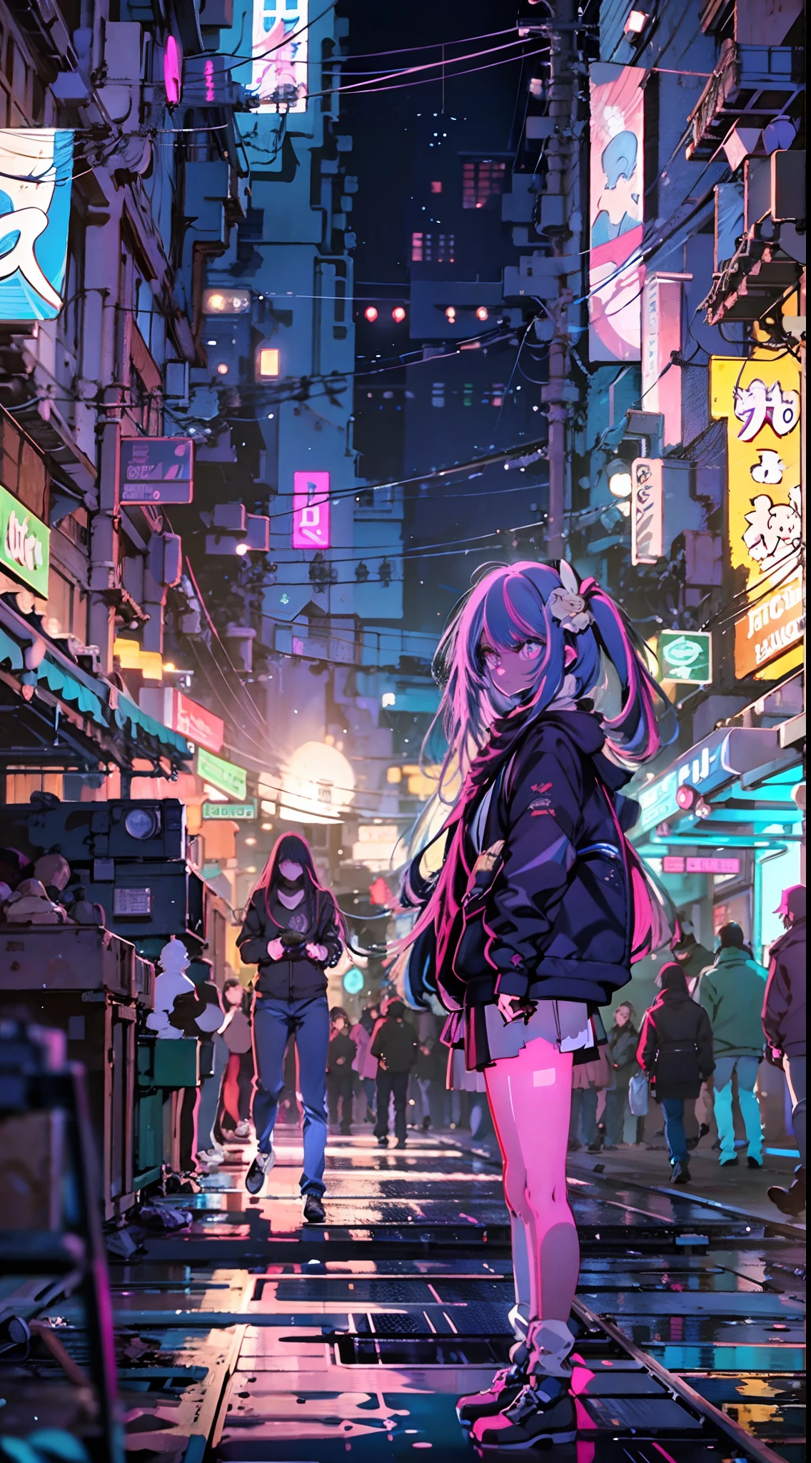 Noite, Fundo colorido da cidade cyberpunk, menina de rua, sirin,honkai impact, olhos azuis, olhos brilhantes, Meias pretas, retroiluminado, brilhar, Surveying the audience, Low angle lens, olhando para cima lente, perfect composition, delicadeza perfeita de luz e sombra, 8k