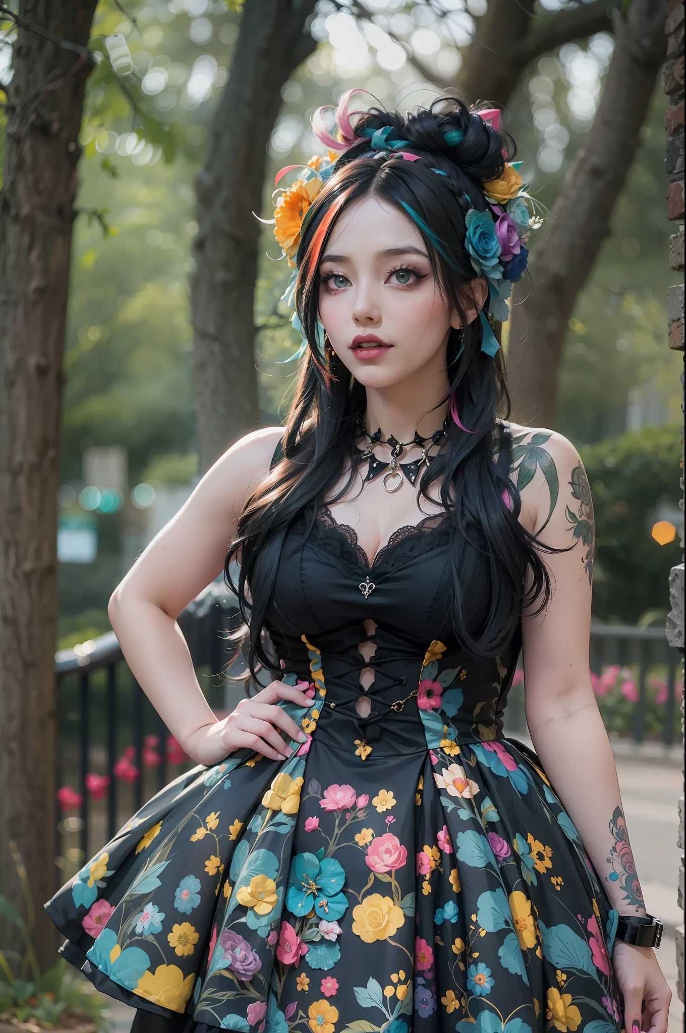 En un hermoso parque una mujer de aspecto moderno. Tiene un estilo gótico kawaii muy colorido y llamativo..., con un maquillaje elegante y una peluca colorida.