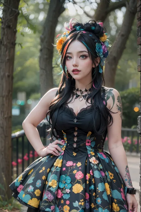 En un hermoso parque una mujer de aspecto moderno. It has a very colorful and striking kawaii gothic style.., con un maquillaje ...