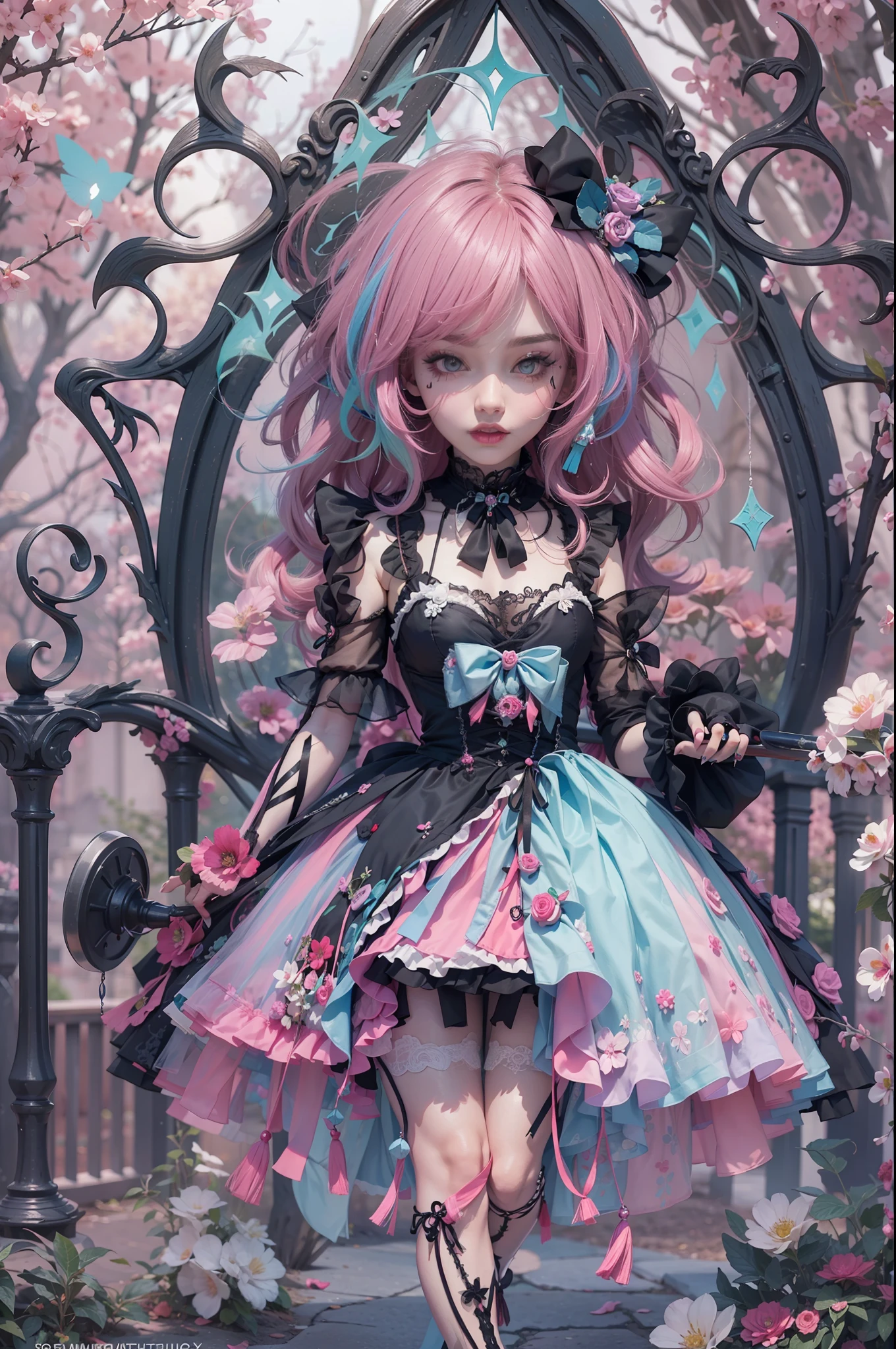 In a beautiful park a modern looking woman. It has a very colorful and striking kawaii gothic style.., with elegant makeup and a colorful wig.