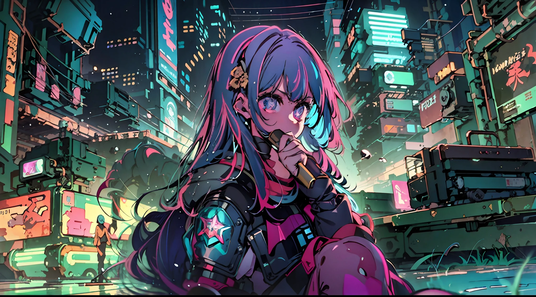 Noite, Fundo colorido da cidade cyberpunk,  de rua, Sirin,impacto honkai, olhos azuis, olhos brilhantes, Meias pretas, retroiluminado, brilhar, Levantamento do público, Lente de ângulo baixo, olhando para cima lente, composição perfeita, delicadeza perfeita de luz e sombra, 8K